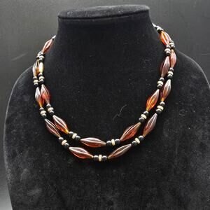 Avon 1986 About Town Necklace Black Brown Gold Tone BEaded Long Vintage